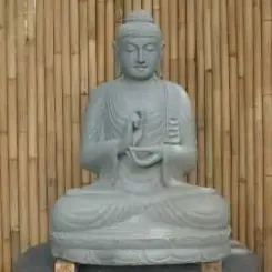 Sitzender Buddha, Position Dharmachakra, 100cm hoch, Flussstein grau 